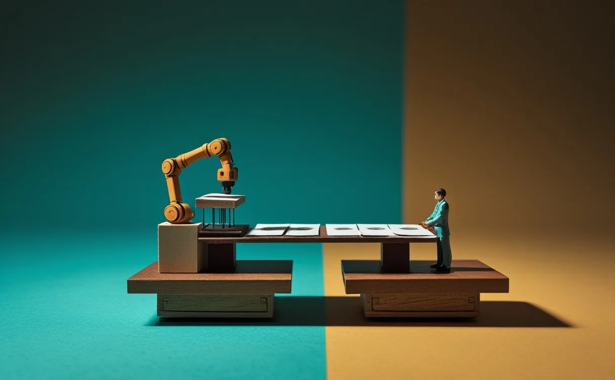 Miniatuur diorama-illustratie bij artikel 'Van uitvoerder naar adviseur: hoe AI het freelancewerk splijt'