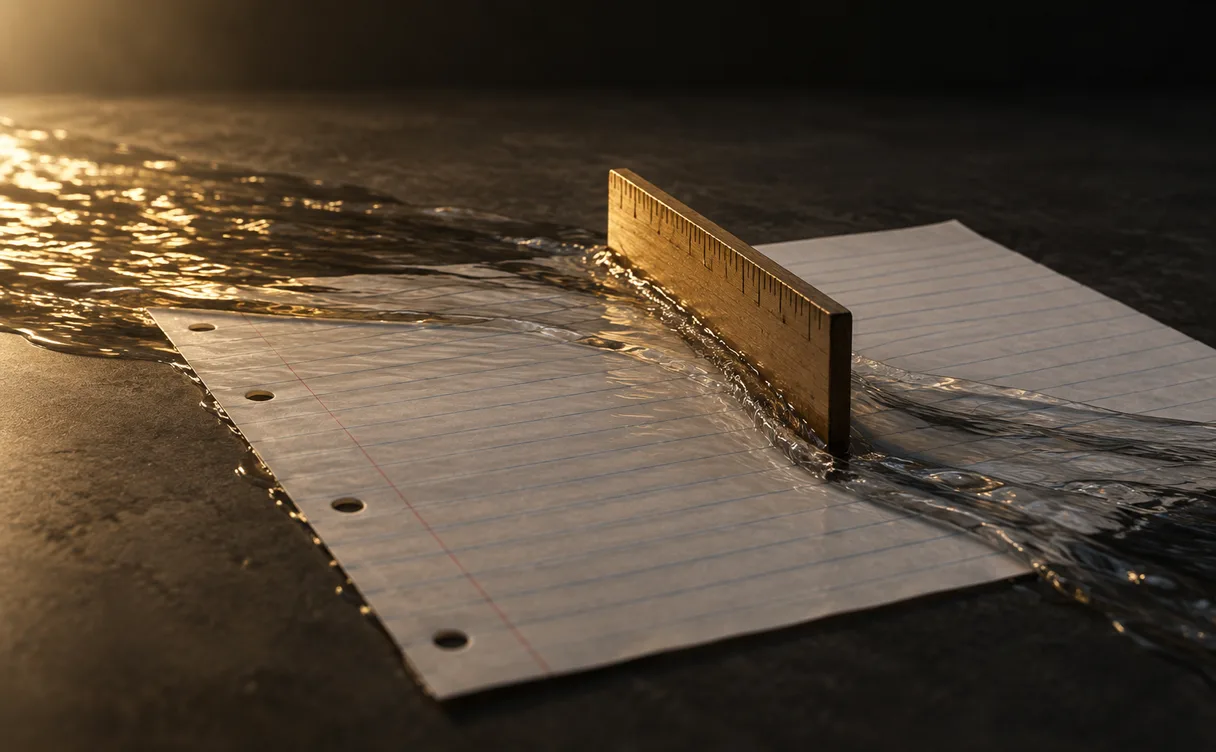 Een houten liniaal staat rechtop als een piepklein dammetje in een brede stroom water over lijnenpapier, terwijl het water er aan beide kanten omheen stroomt.