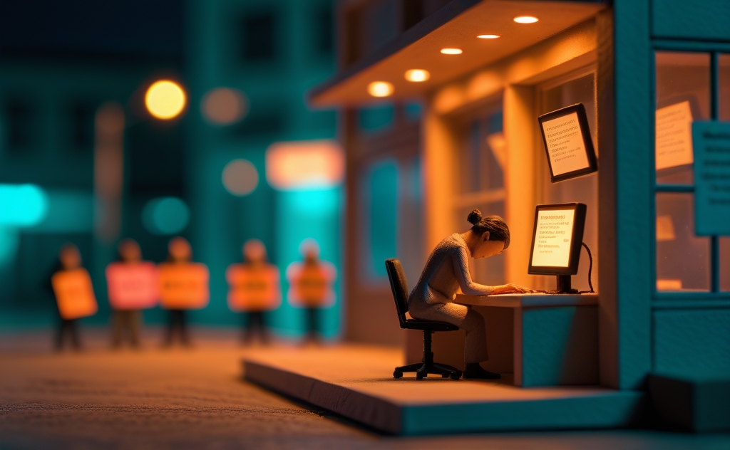 Miniatuur diorama-illustratie van een vermoeide figuur aan een bureau met chat-vensters terwijl op de achtergrond demonstranten zichtbaar zijn — bij artikel over AI-moeheid