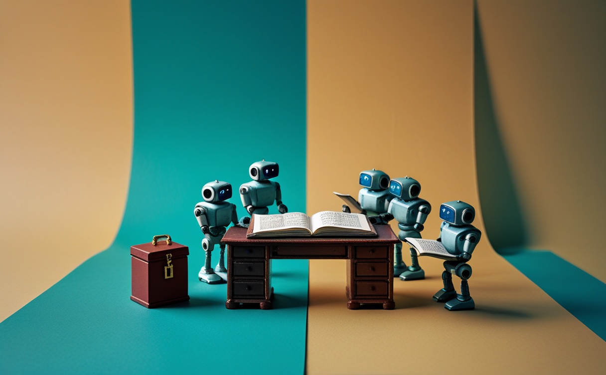 Miniatuur diorama-illustratie: kleine robots die één gedeeld notitieboek lezen, terwijl een afgesloten kluisje apart op tafel staat
