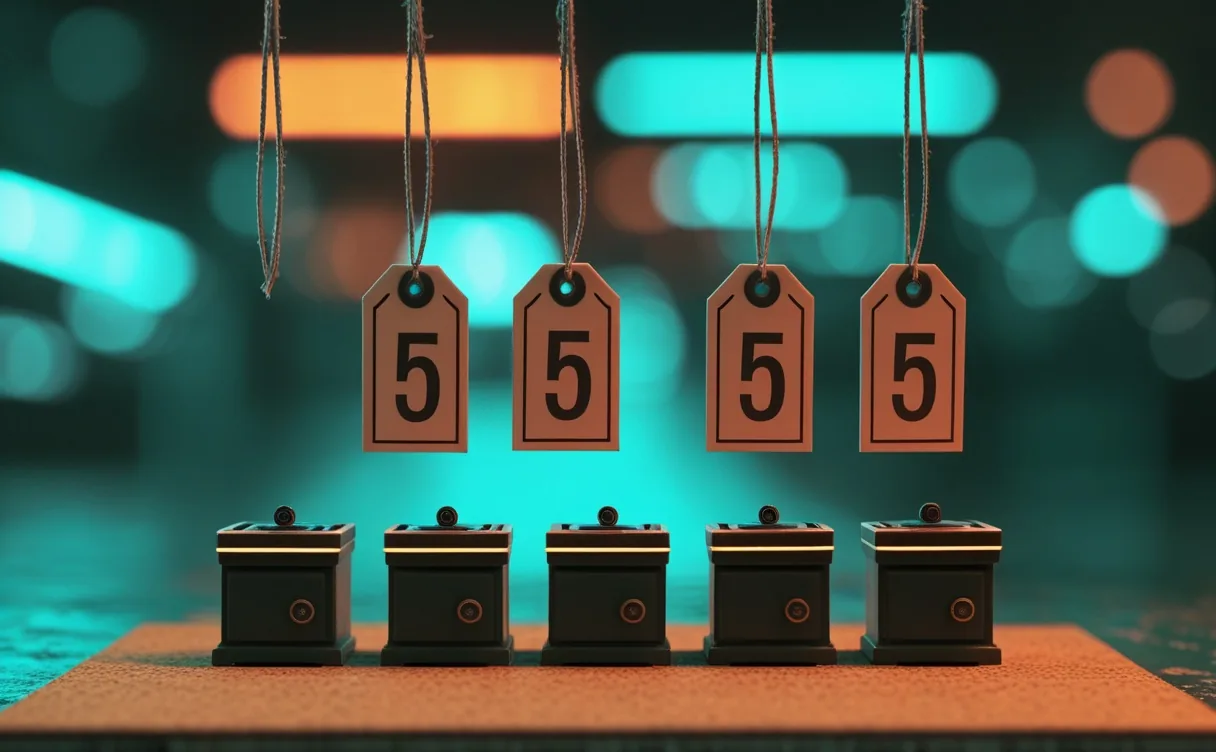 Miniatuurdiorama met zes prijskaartjes boven kleine serverkasten; drie kaartjes zijn omgedraaid en tonen een hoger bedrag op de achterkant