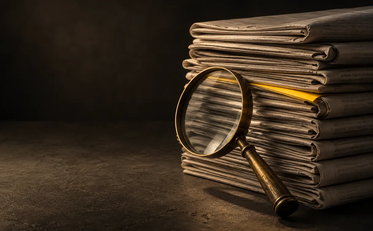 Stapel opgevouwen kranten in een donkere studio met één geel strookje papier tussen de pagina's en een koperen loep ertegenaan