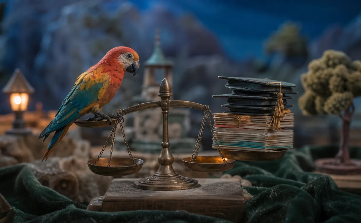 Miniatuur diorama-illustratie bij artikel 'Is AI nog een 'stochastische papegaai'? Het debat uitgelegd'