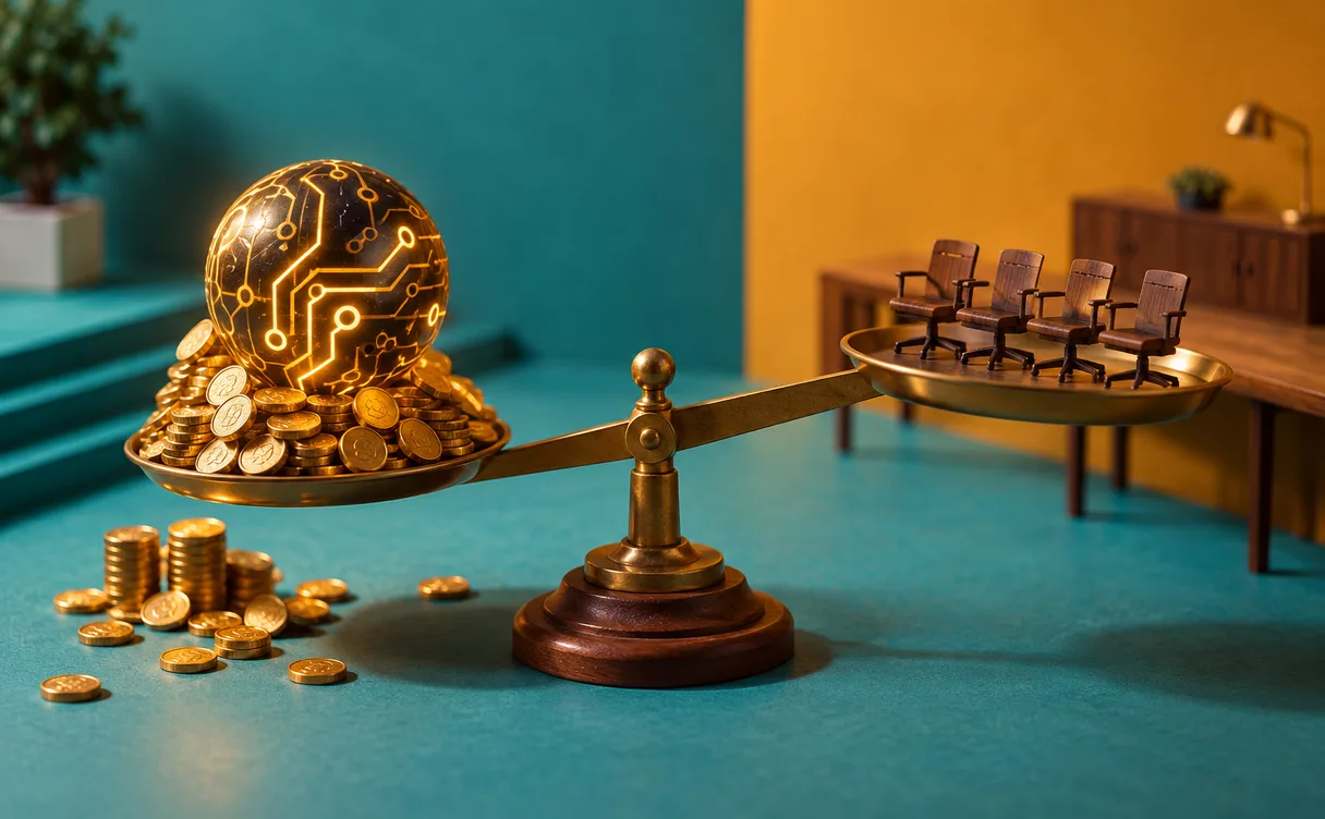 Miniatuur-diorama van een messing weegschaal waarin een gloeiende schakelingsbol vol gouden munten zwaarder weegt dan een rij lege houten kantoorstoelen.