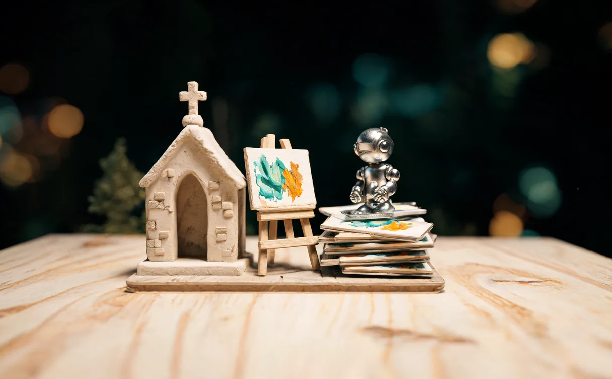 Miniatuur diorama-illustratie bij artikel 'Paus Leo XIV zoekt bondgenootschap met kunstenaars tegen AI-kunst'
