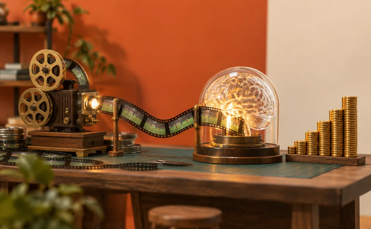 Miniatuur-diorama van een messing filmprojector die filmstroken in een gloeiende glazen koepel voert, naast een groeiend stapeltje gouden munten op een houten werkbank.