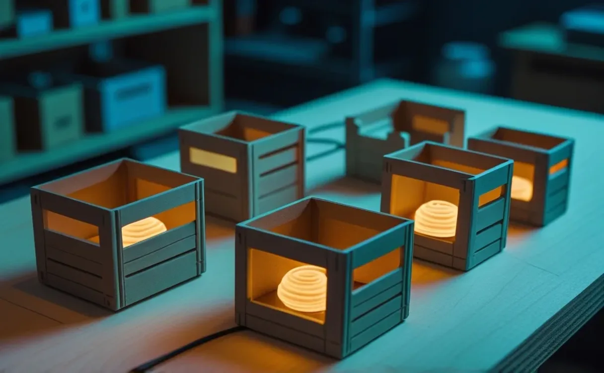 Miniatuur-diorama van open houten kisten op een werkbank, elk met een andere gloeiende modelkern, verbonden met gedeeld koperen gereedschap