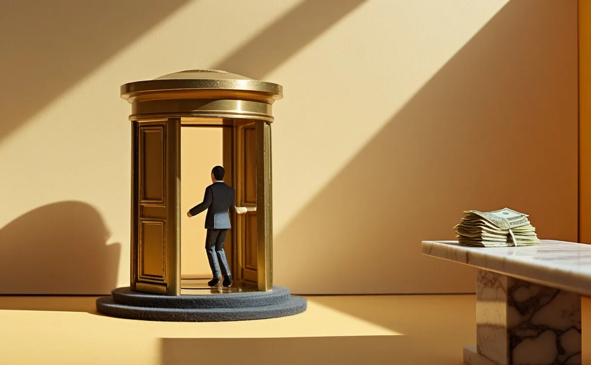 Miniatuur diorama van een koperen draaideur in een lobby: een papieren figuurtje stapt naar een tweede deur, een stapel bankbiljetten blijft onaangeroerd op een marmeren balie liggen