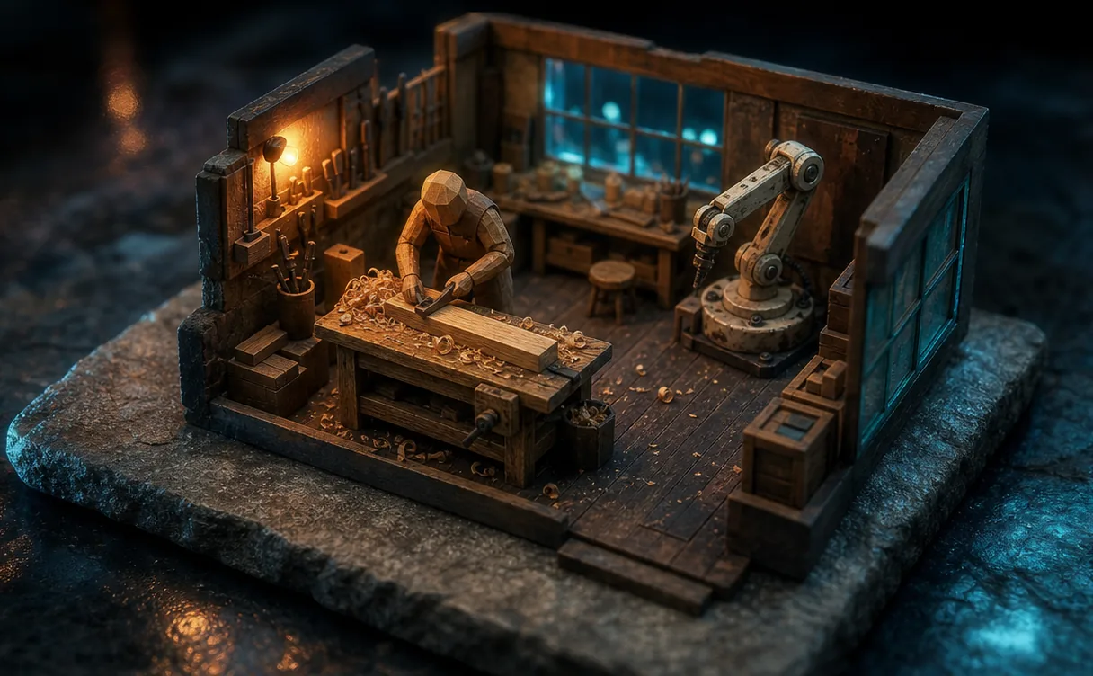 Miniatuur diorama-illustratie bij artikel 'Waarom hobbyprogrammeurs AI-code fel afwijzen'