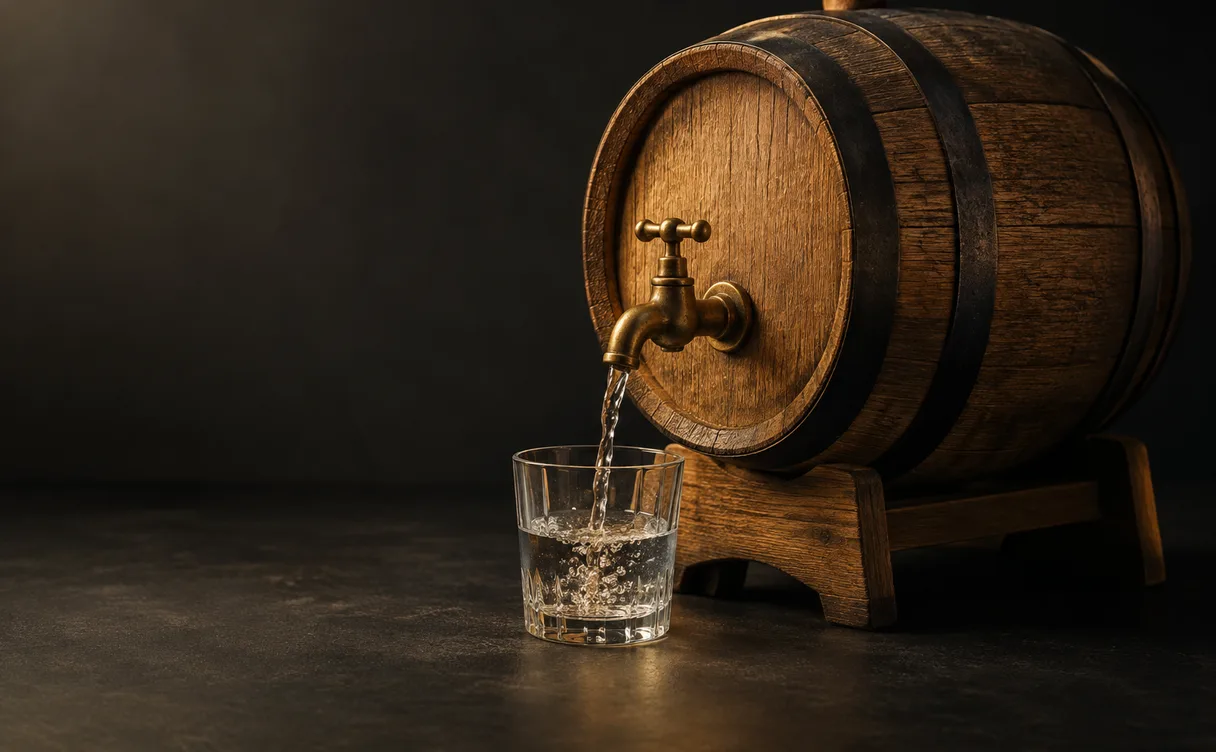 Een klein eikenhouten vat met een messing kraantje laat water in een glas lopen. Er zit geen slang aan: een eigen voorraad, onafhankelijk van buiten.
