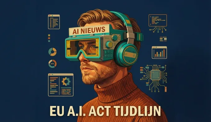 Tijdlijn EU AI Act: verboden praktijken feb 2025, transparantie aug 2025, hoogrisico aug 2026, volledig van kracht aug 2027